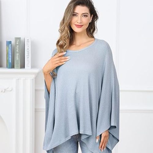 Knit Nursing Cover for Baby Breastfeeding, Organic Cotton Breastfeeding Cover, Warm Cozy Swaddle, Breathable and Soft, Wide Neck with Stretch for Easy View (Light Blue)