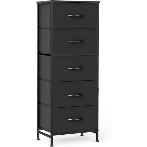 DUMOS Nightstand with 5 Drawers, Bedside Table with Removable Fabric Bins, Sturdy Steel Frame Wood Top Skinny Dresser for Bedroom Closet Living Room, Black