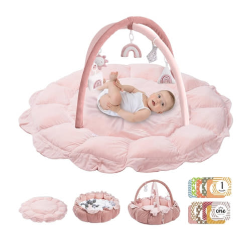 HAN-MM 5-in-1 Convertible Baby Play Gym with 6 Toys, Tummy Time Mat for Sensory Development, Baby Activity Center from Newborn to Toddler, Ball Pit, Cat & Dog Bed, Soft Plush Pet Bed, Pink