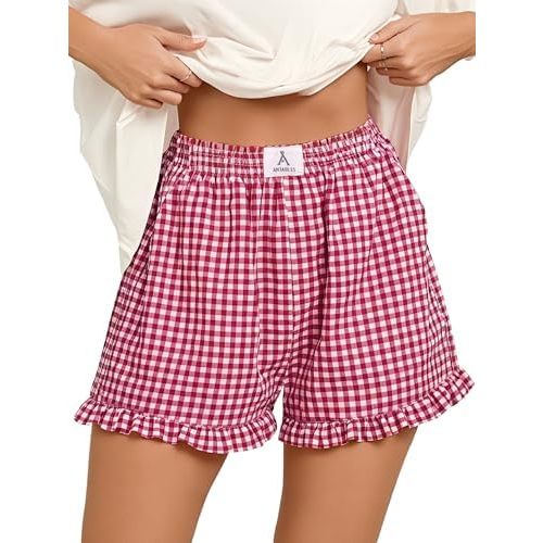 ANRABESS Boxer Shorts for Women,Gingham Plaid Elastic Waist Ruffle,Perfect for Lounge,Pajama&Sleep,Cute Casual Summer Bottoms