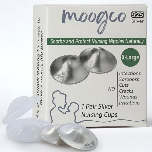 Moogco The Original Silver Nursing Cups - Nipple Shields for Nursing Newborn - Breastfeeding Essentials - Newborn Essentials Must Haves - Nipple Covers Breastfeeding - 925 Silver (X-Large)