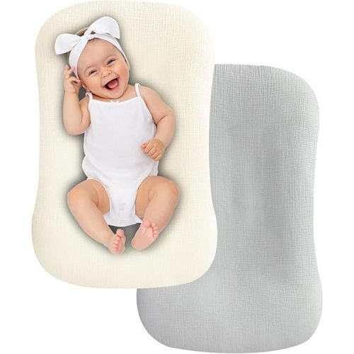 UBBCARE 2 Packs Muslin Baby Lounger Cover, Baby Nest Sleeper Cover for Baby Boys and Girls, Washable Slipcover Fit Infant Lounger, Organic Lounger Cover for Newborn - Beige&Grey