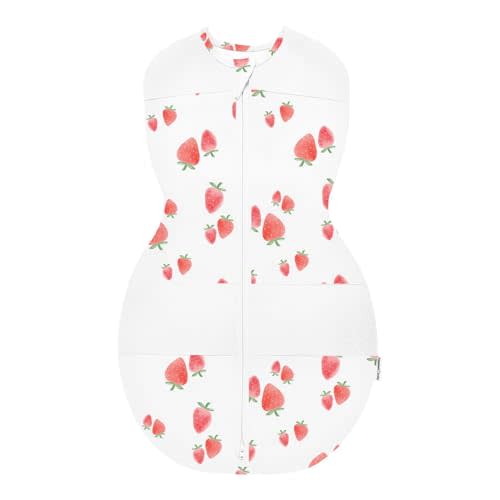 Happiest Baby Sleepea 5-Second Swaddle - 100% Organic Cotton Baby Swaddle Blanket - Doctor Designed Promotes Healthy Hip Development (Ivory Strawberries, Small)