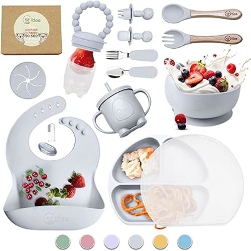 O'doe 17-Piece BPA-Free Silicone Baby Feeding Set | Thick & Soft Suction Plates, Baby Bowls, Wooden Fork & Spoon, and More | Make Mealtime Fun and Easy for Your Little One (Grey, V2)