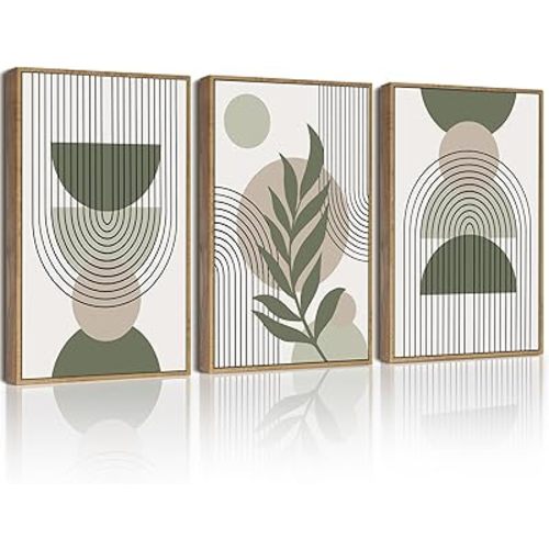Drsoum 12x16in Boho Wall Art Green Sage Decor Framed Wood Modern Bohemian Abstract Geometry Canvas Prints Ready to Hang