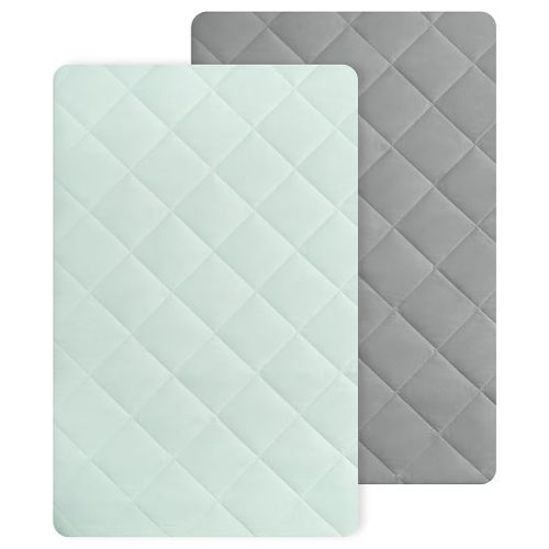 TILLYOU Pack n Play Sheets Pad 2 Pack - Thick Crib Sheets Pad, Soft Quilted Sheets with 1''-5'' Deep Pocket, Breathable Fluffy Crib Mattress Pad, 39"x27"x5", Sage Green & Charcoal Gray - 2-pack Sage Green & Charcoal Gray - pack n play sheet