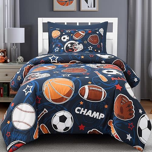 Twin Comforter Set for Boys-5 Pieces Sports Ball Games Glow in the Dark Twin Bedding Sets for Kids, Ultra Soft Bed in A Bag with Sheets