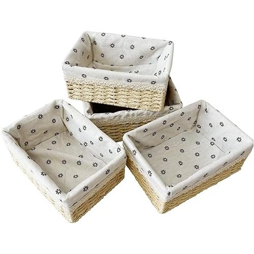 4-Pack Handmade Beige Woven Paper Rope Storage Baskets with Inner Handles & Removable Liners, Rectangular Organizers for Drawers, Shelves & Closets, Decorative Small Storage Bins