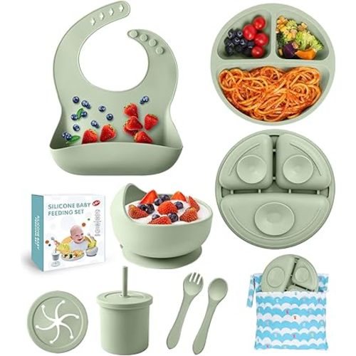 Silicone Baby Feeding Set, 10 Pcs Baby Led Weaning Supplies Baby Eating Essentials Set with Suction Bowl Divided Plate Adjustable Bib Soft Spoon Fork Cup with Lid Drinking Cup, Travel Bag (Green)
