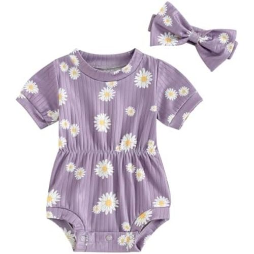 Baby Girl Summer Clothes Ribbed Short Sleeve Romper Solid Color Bodysuits Bow Headband Outfit Newborn Girl Jumpsuit