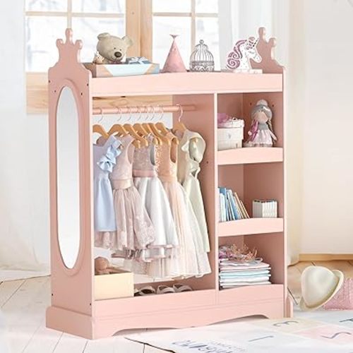 Dress Up Storage With Mirror, Wardrobe With 3 Hooks, Closet for Girls Boys, Armoire Costume Organizer for Kids Bedroom, Pink