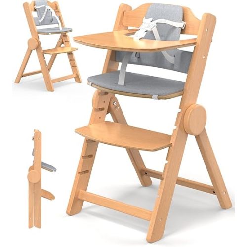 High Chair and Cushion with Tray, Convertible Wooden High Chairs for Babies & Toddlers,Foldable High Chair with Five-Point Safety Harness,Easy to Clean, 6 Months up to 200 Lb