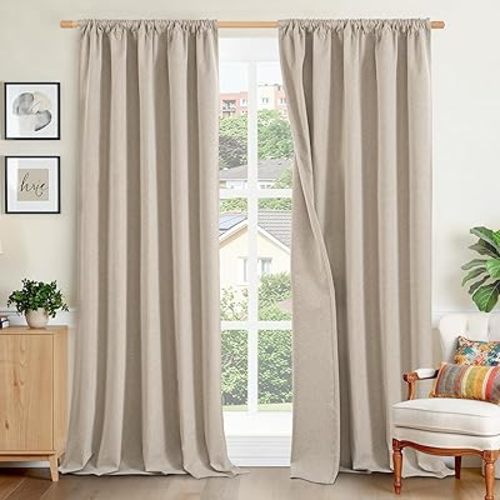 BGment Oatmeal Blackout Curtains 84 Inch Length, Linen Black Out Drapes with Rod Pocket Room Darkening for Living Room Farmhouse Bedroom, 2 Panels, Each 52 Inch Wide