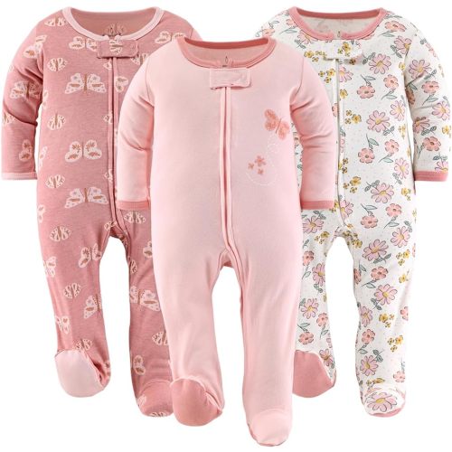 The Peanutshell Footed Pajamas Sleepers for Baby Girls, Sleep and Play Footies, 3 Pack