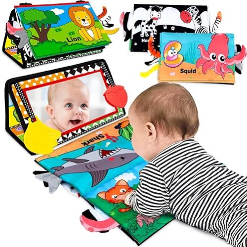 Baby Toys 0-6 Months - Tummy Time Mirror Toys with Cloth Books Teethers - High Contrast Newborn Toy 0-3 Months - Montessori Sensory Infant Toy for Babies 2 4 5 Month Boys Girls