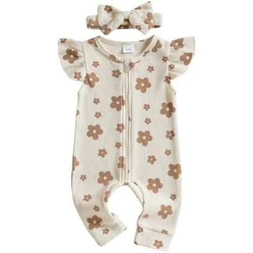 MERSARIPHY Newborn Baby Girl Summer Clothes Zip Up Ruffle Waffle Knit One Piece Romper Jumpsuit Coming Home Hospital Outfit