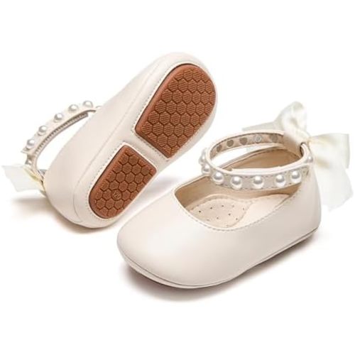 Baby Girls Mary Jane Flats - Infant Newborn Walking Shoes Soft Rubber Sole Princess Wedding