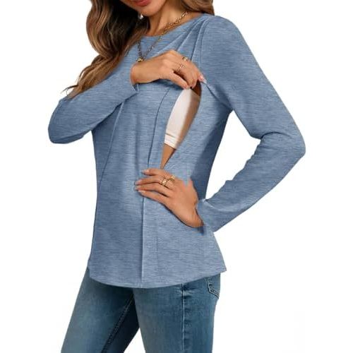 Yousify Womens Long Sleeve Nursing Shirts Zipper Maternity Breastfeeding Tunic Tops Seam Pregnancy Clothes