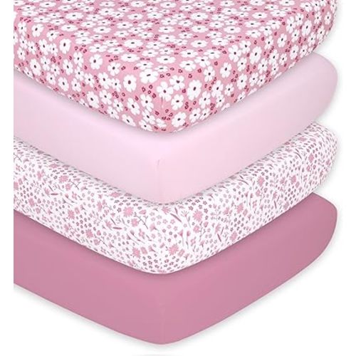 The Peanutshell 4-Pack Fitted Crib Sheet Set - Super Soft & Breathable Baby Girl Crib Sheets, Nursery Decor, Fit for Standard Mattress Cover- Daisy