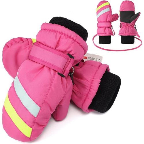 F Flammi Toddler Kids Snow Mittens with String Waterproof Ski Mittens Thinsulate Winter Gloves for Baby Girls Boys - Pink - 0-2 Years