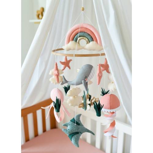 Whale mobile nursery Ocean crib mobile Baby girl mobile Octopus Jellyfish Stingray Shell mobile Rainbow mobile
