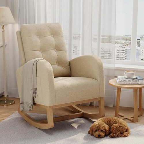 GAOMON Modern Rocking Chair for Living Room-Beige | Comfortable Recliner Rocker with Side Pocket, Soft Linen Upholstered Glider Chair for Bedroom, Nursery, Lounge