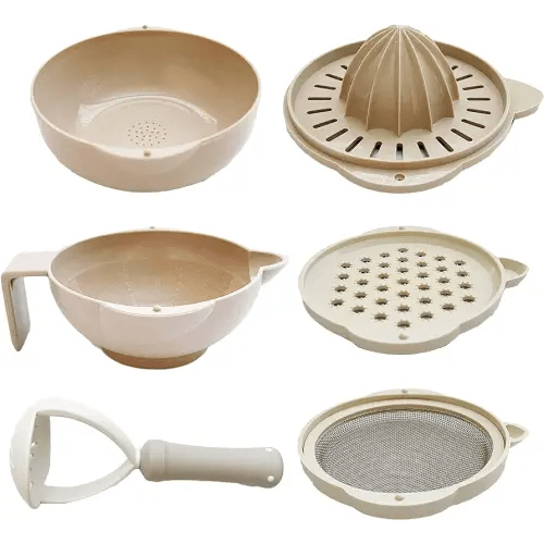 LITTOES BABY FOOD PREP SET masher bowl stainless steel mesh strainer manual hand squeezer juicer grater neutral color food masher