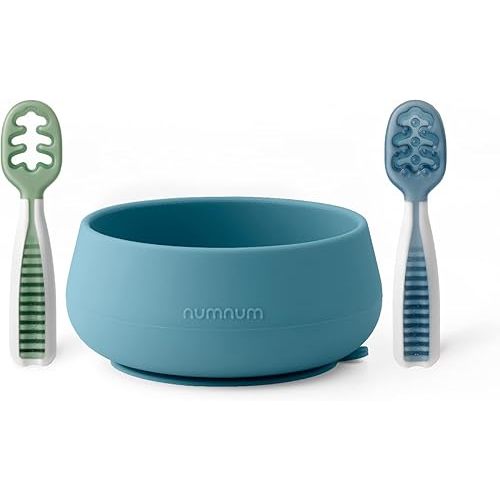 NumNum Suction Bowl + Pre-Spoon GOOtensils Self Feeding Set for Babies & Toddlers | Baby Spoon Set (Stage 1+ 2) | 100% Food Grade Silicone BPA-Free | Strong Suction | 4 months+ (Blue/Glacier Green)