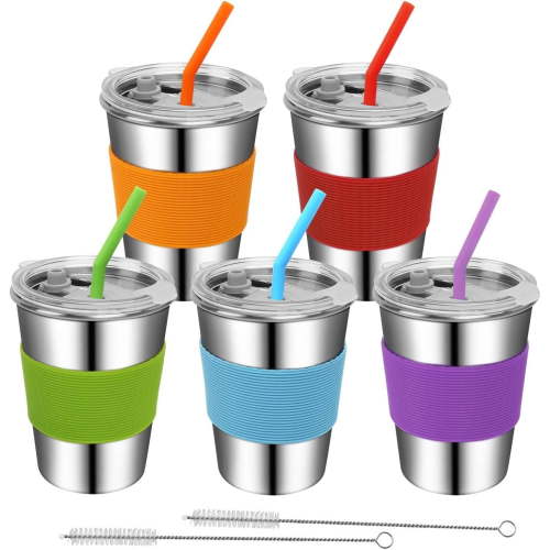 Flantor Kids Cups with Lids and Straws 5-Pack Leak-Proof Stainless Steel 12oz Smoothie Cups for Children