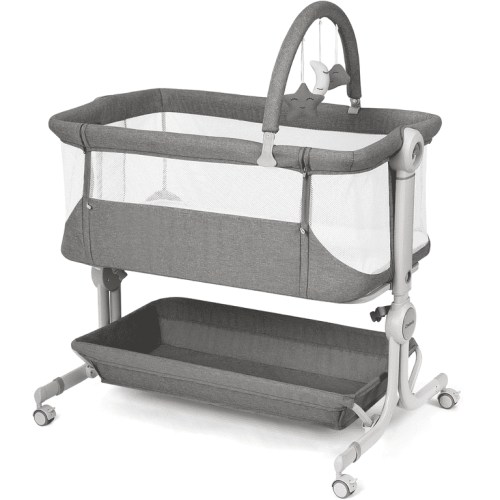 Cowiewie Baby Bassinet Bedside Crib with Storage Basket, Wheels and Toys, Portable Bassinets for 0-6 Months Dark Gray