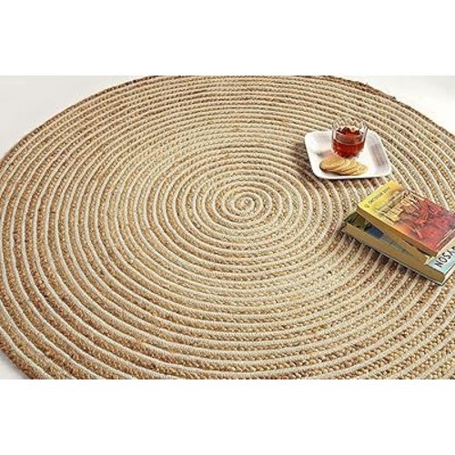 GRUHUM Handwoven 5ft Jute Area Rug Natural Fiber Cotton Round Boho Farmhouse Rustic Vintage Soft Braided Reversible EcoFriendly Rugs-Indoor EcoFriendly Kitchen Bedroom Living Room Hallways 5'ft Circle