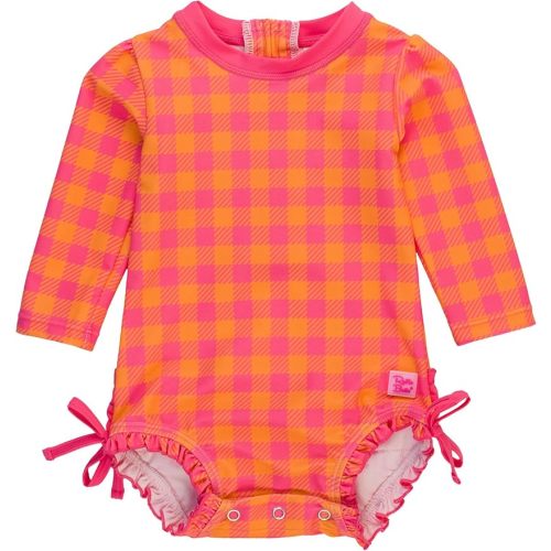 RuffleButts Baby Girls UPF 50+ Sun Protection Gingham Printed Long Sleeve One Piece Rash Guard Swimsuit with Zipper