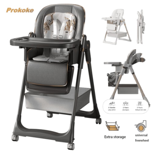 Prokoke Baby High Chairs,Baby Portable Folding Dining Chairs for 6 Months to 3 Years,Adjustable Height,PU leather,Unisex,Grey