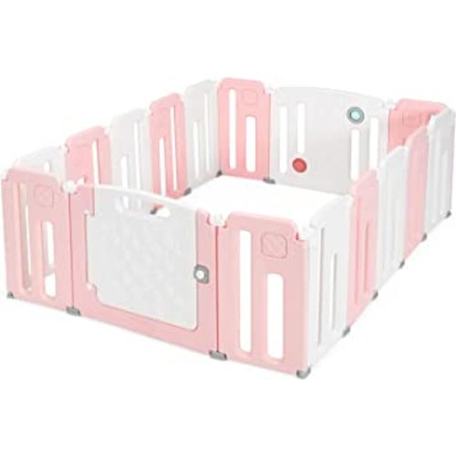 Costzon Baby Playpen, 16-Panel Extra Large Playpen for Babies and Toddlers, Foldable Activity Play Center with Safety Gate, Whiteboard, Indoor and Outdoor Baby Fence NO Gaps for Boys Girls