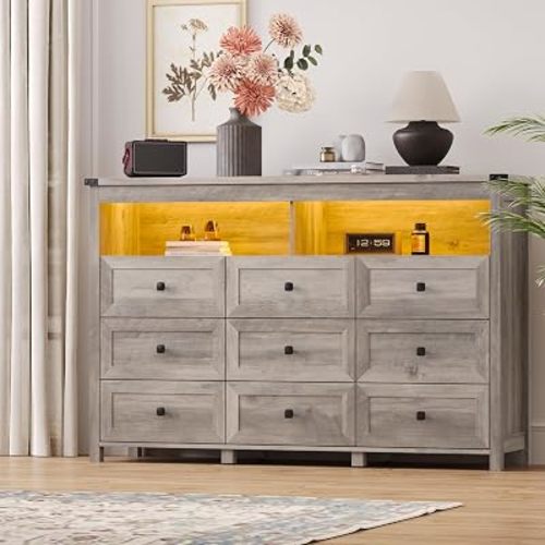 Dresser for Bedroom with 9 Drawers, LED Lights, Power Outlet, Grey