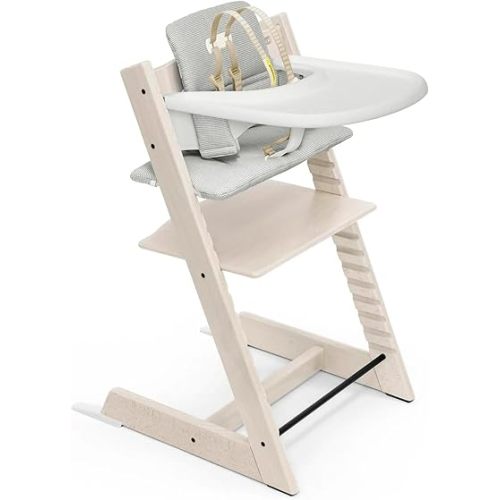 Tripp Trapp High Chair and Cushion with Stokke Tray - Whitewash with Nordic Grey - Adjustable, Convertible, All-in-One High Chair for Babies & Toddlers