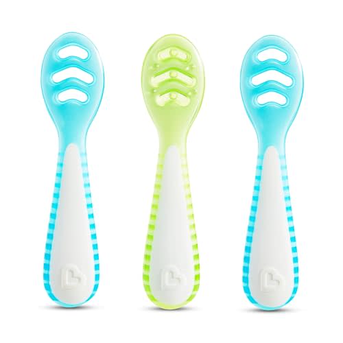 Munchkin® Gentle Dip™ Multistage First Spoon Set for Baby Led Weaning, Self Feeding, Solids & Purees, 3 Pack, Blue/Green