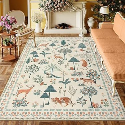 Lahome Jungle Kids Playroom Rug, 8x10 Rugs for Living Room Bedroom Large Washable Area Mat, Modern Animal Beige Nursery Carpet Non Shedding Soft Mat for Kids Room, Ivory/Beige
