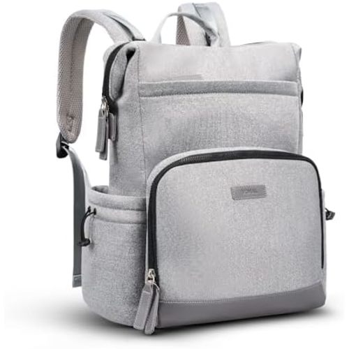 VONAL Neoprene Diaper Bag Backpack with Changing Pad, 33L Large Capacity Neoprene Backpack Baby Diaper Bag with Insulated Pockets, Travel Diaper Backpack Baby with 12 Pockets for Mom & Dad, Gray