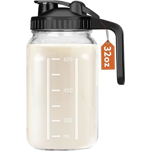 Mason Jar Pitcher With Lid and Spout, 32 OZ Glass Milk Pitcher for milk, Thick Glass Jug Sun Tea Pitcher, Drinks Container, Mason Jar Pour Spout Lid with Wide Mouth for Fridge(1Pack,Black)