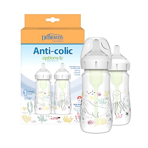 Dr. Brown’s Natural Flow® Anti-Colic Options+™ Wide-Neck Baby Bottle Designer Edition Bottles, Ocean Decos, 9 oz/270 mL, Level 1 Nipple, 2-Pack, 0m+