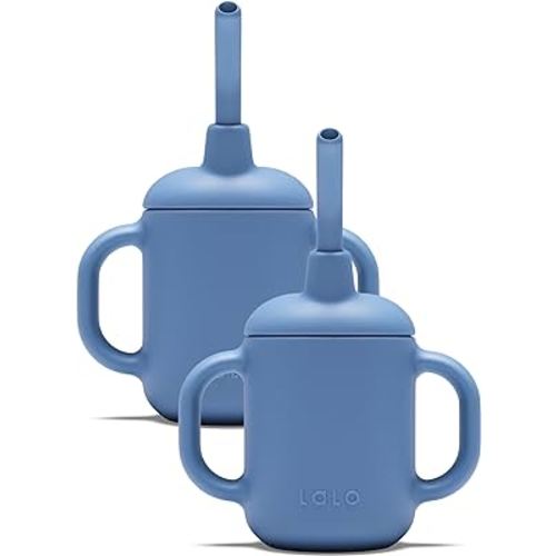 Lalo Little Cup 2-Pack, Non-Toxic Silicone Straw Cup with Handles - Baby and Toddler Sippy Cup - Mini Cup and Straw Training System, 4oz, Blueberry