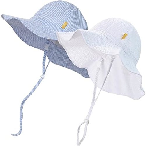 Baby & Toddler Wide Brim Sun Hats UPF 50+ Sun Protection Bucket Cap Cute Adjustable Hat in Seersucker