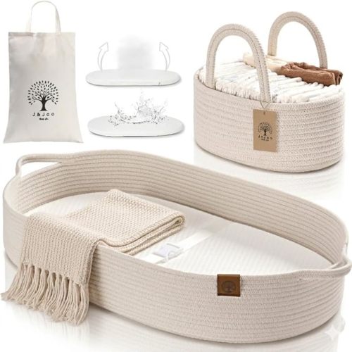 Baby Changing Basket Includes Diaper Caddy - Soft & Waterproof Dual-Cover, Portable, Changing Pad for Dresser & Changing Table, Gift for Baby Shower, Organic Cotton Rope
