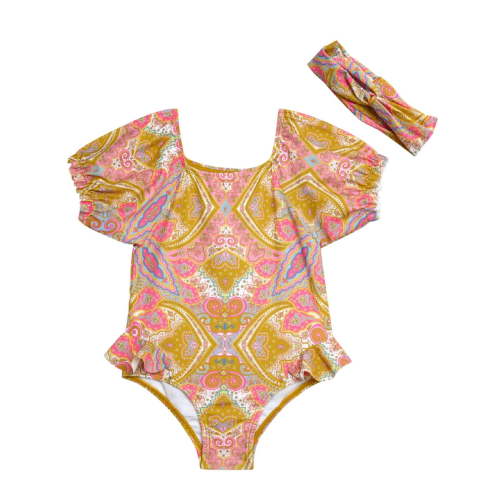 Jessica Simpson Toddler Girl Rash Guard Swimsuit with Headband, Sizes 12M-24M