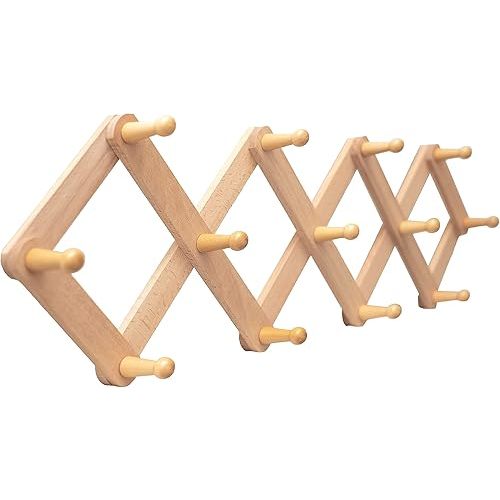 Expandable Accordion Style Mounted Wooden Wall Rack | 13 Hooks | Versatile Coat Hangers for Nursery Bathroom Bedroom Livingroom Kitchenware | Natural Beech Wood Pegs