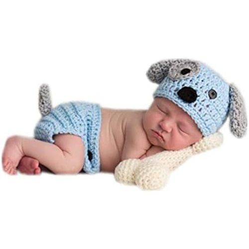 Vemonllas Newborn Photography Props Boys Girls Outfits Crochet Knitted Puppy Dog Hat Bonnet, Shorts & Bone Baby Photo Props
