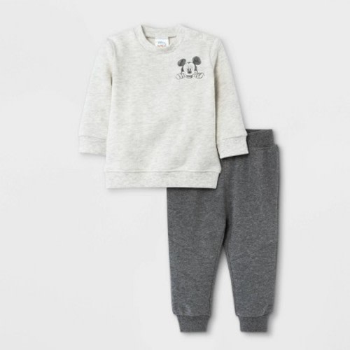 Baby Boys' 2pc Mickey Mouse Fleece Pullover And Jogger Set - Heather Cream