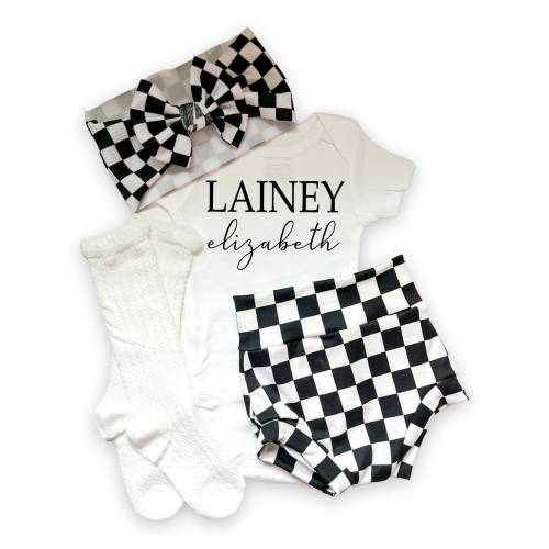 Personalized Baby Girl Black and White Checkered Coming Home Outfit, Baby Bummies, Name Bodysuit, Socks and Bow Set