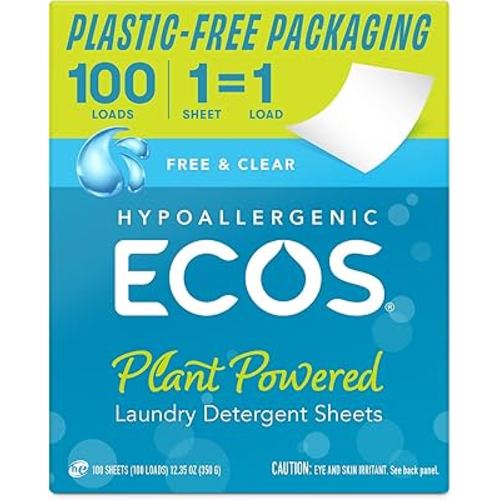 ECOS Laundry Detergent Sheets Vegan, No Plastic Jug, No Mess, Liquid Free - Hypoallergenic, Plant Powered Laundry Detergent Sheet - Free and Clear - 100 Count (Pack of 1)